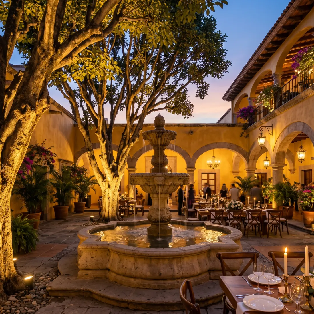 Patio central de la hacienda con fuente