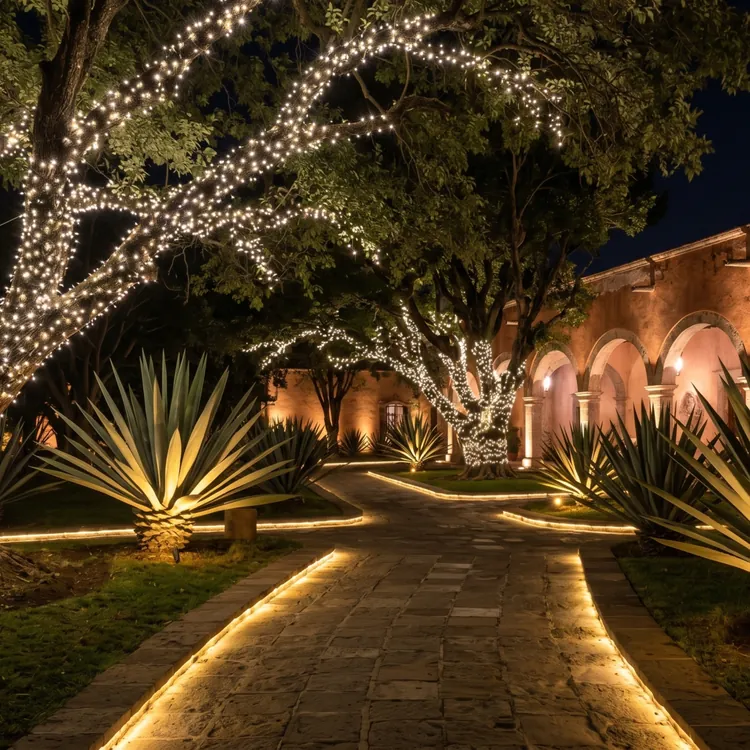 Jardín iluminado de noche