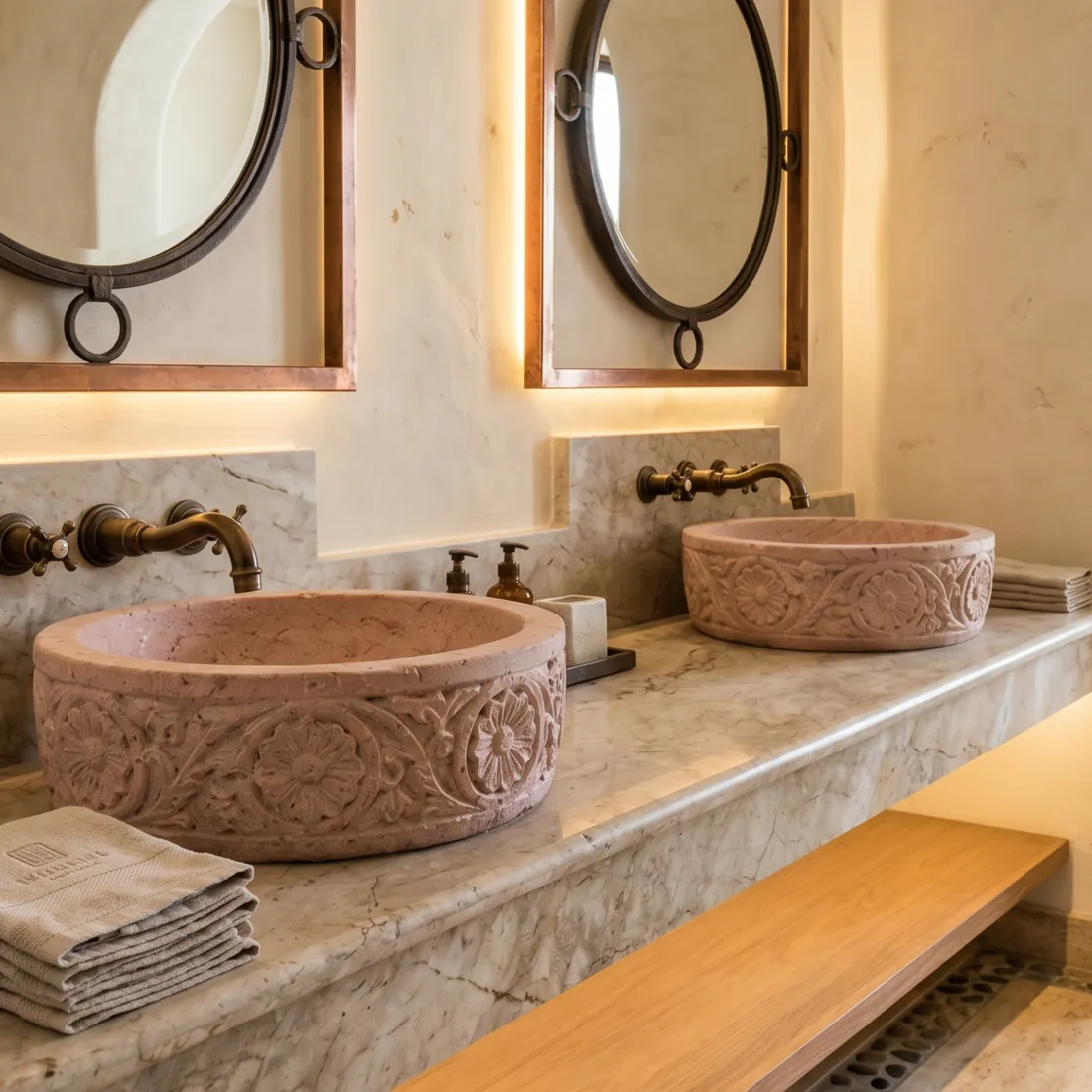 Baño de mármol rústico y grifería de bronce